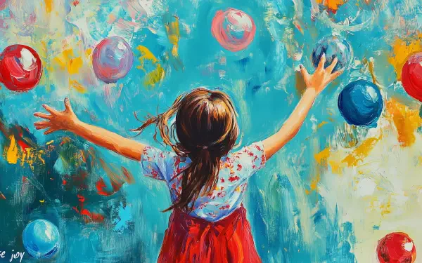 A vibrant HD wallpaper featuring a child with outstretched arms, surrounded by colorful spheres against a lively, abstract backdrop. It embodies the theme Choose Joy artistically.