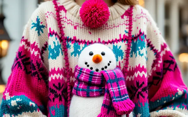 A colorful, eye-catching ugly sweater adorned with festive patterns, worn by a person holding a snowman dressed in a pink scarf, set against a wintery backdrop. 4K Ultra HD desktop wallpaper.