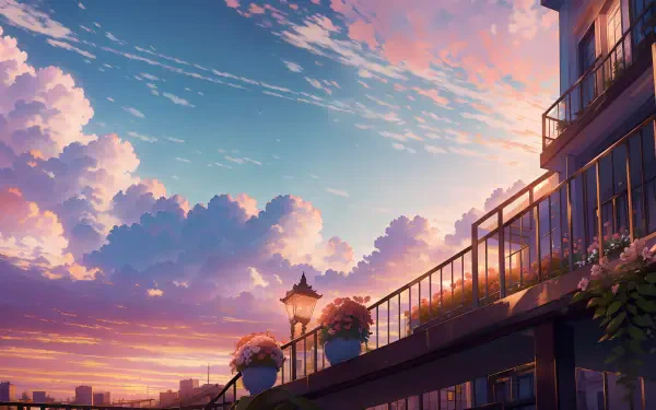 AI-generated 4K Ultra HD PC desktop wallpaper depicting a vibrant sunset sky with fluffy clouds above a rooftop terrace adorned with flowers and a vintage streetlamp.