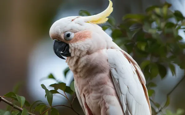 A stunning 4K Ultra HD wallpaper featuring a beautiful cockatoo perched among lush greenery, showcasing its distinctive crest and soft plumage.