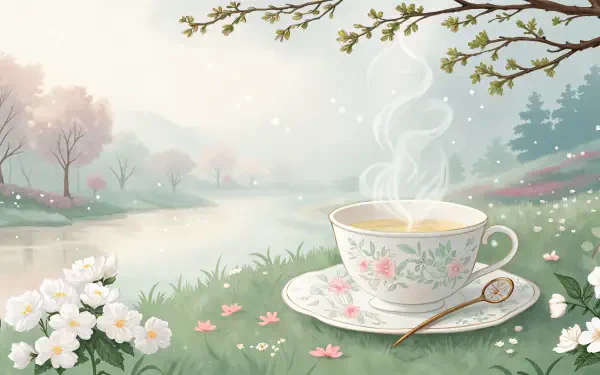 A serene landscape featuring a steaming cup of white tea on a floral-patterned saucer, surrounded by blossoms and a tranquil river, designed as a 4K Ultra HD desktop wallpaper.