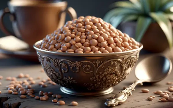 A beautifully detailed bowl overflowing with lentils sits on a rustic wooden surface, surrounded by scattered lentils and decorative elements, creating an inviting 4K Ultra HD wallpaper.
