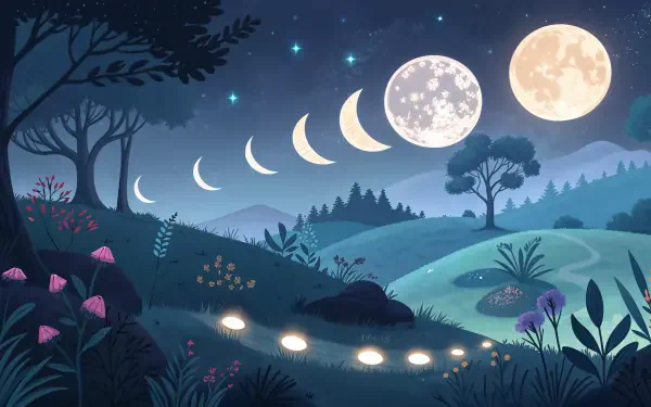 A serene landscape featuring the moon phases in a starry night sky, surrounded by lush hills and vibrant flowers, suitable as a 4K Ultra HD desktop wallpaper.
