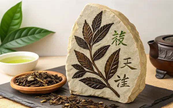 A beautifully crafted stone featuring engraved tea leaves stands alongside oolong tea leaves and a teacup, creating an elegant 4K Ultra HD desktop wallpaper.