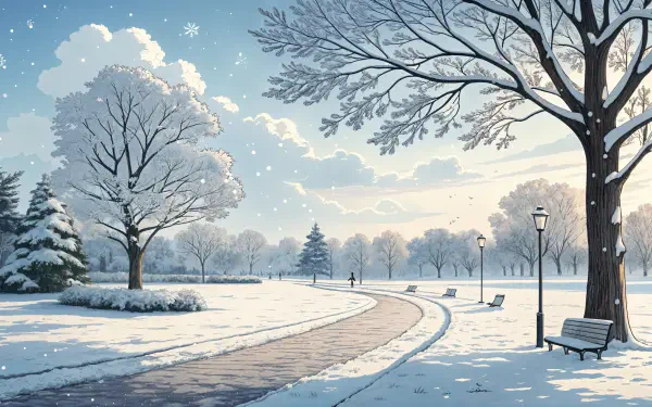 A serene snowy park landscape in winter with bare trees, a winding path, benches, and soft snowflakes, captured in stunning 4K Ultra HD for PC desktop wallpaper.