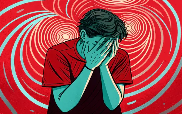 A 4K Ultra HD desktop wallpaper depicting a person in distress, covering their face with hands against a swirling red background, capturing the essence of anxiety.