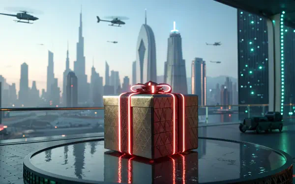 A futuristic Christmas present with glowing ribbons sits on a pedestal, overlooking a vibrant city skyline adorned with skyscrapers and flying vehicles in this 4K Ultra HD wallpaper.