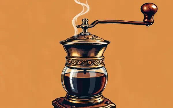 A vintage coffee grinder with a glass base, emitting steam, set against a warm orange background, showcased as a 4K Ultra HD PC desktop wallpaper.