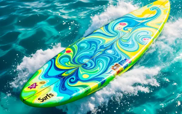A vibrant surfboard with a swirling blue and yellow design floats on turquoise waves, capturing the essence of beach life in this striking 4K Ultra HD wallpaper.