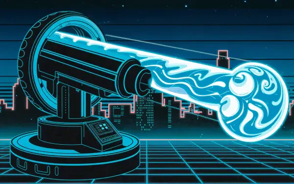 A vibrant 4K Ultra HD wallpaper featuring a futuristic death ray, emitting a glowing energy beam against a stylized city skyline in the background.