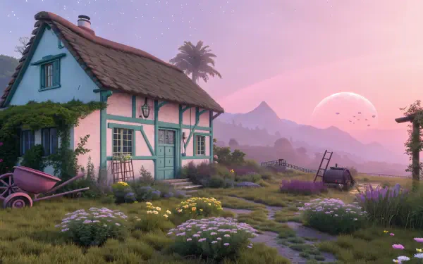 A tranquil cottagecore garden scene featuring a charming house surrounded by wildflowers, under a soothing twilight sky with distant mountains and a large planet in view.