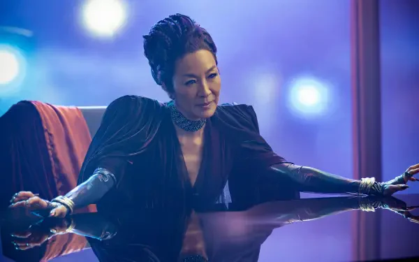 A striking 4K Ultra HD wallpaper featuring Michelle Yeoh in Star Trek: Section 31, showcasing her poised presence against a vibrant, futuristic backdrop.