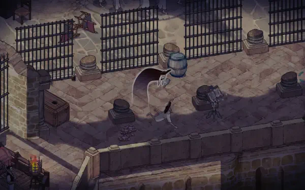 A detailed 4K Ultra HD wallpaper from the video game The Stone of Madness, featuring a shadowy stone environment with barrels and cages, evoking a mysterious atmosphere.