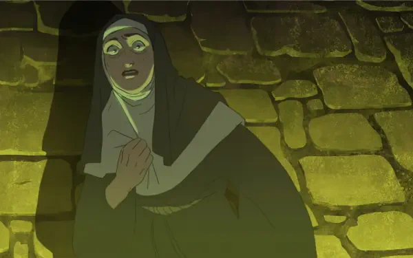 A nun appears distressed against a stone-walled background, featured in the 4K Ultra HD video game The Stone of Madness. The scene captures an intense, haunting atmosphere.