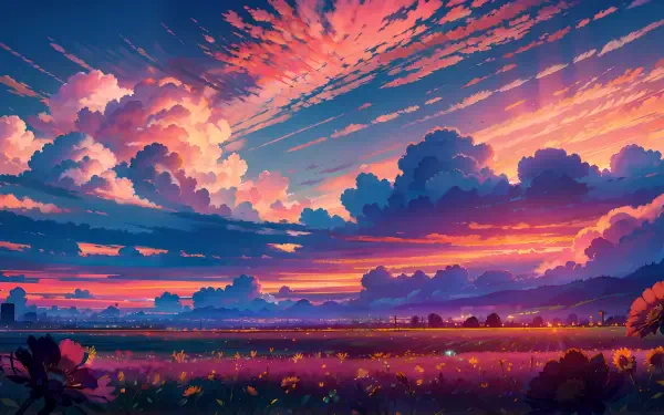 Vibrant AI art landscape featuring a dramatic sunset with vivid clouds over a serene field, rendered in 4K Ultra HD for PC desktop wallpaper and background.
