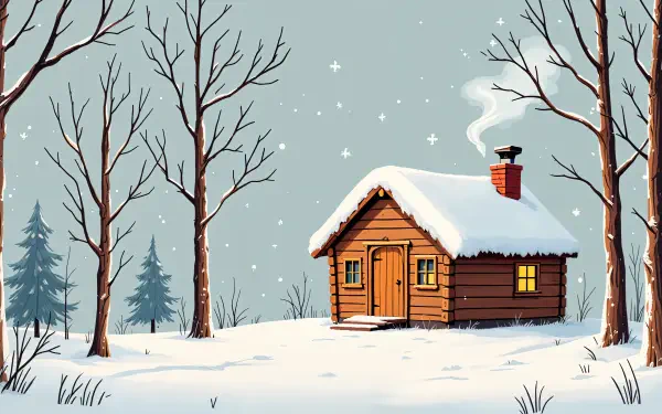 A cozy cabin nestled in a snowy landscape, surrounded by bare trees and evergreen pines, with smoke curling from the chimney, depicted in vibrant 4K Ultra HD detail.