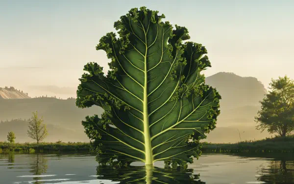 A large kale leaf stands prominently in calm waters, surrounded by serene landscapes and mountains, presented as a vibrant 4K Ultra HD desktop wallpaper.