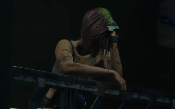 A high-definition wallpaper featuring Judy from Cyberpunk 2077, depicting her in a contemplative pose against a dark background, embodying the game's cyberpunk aesthetic.