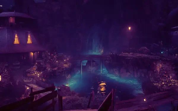 A vibrant HD wallpaper from Final Fantasy VII Remake, featuring a mystical scene with illuminated houses and a tranquil body of water under a night sky.