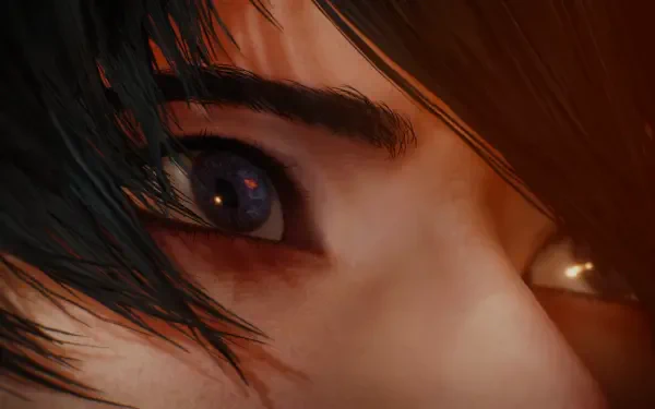 Close-up HD PC desktop wallpaper of a character's intense eyes from the video game Dynasty Warriors: Origins.