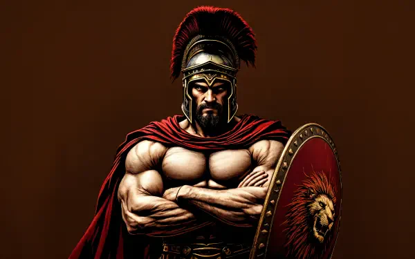 A powerful Roman gladiator stands confidently, adorned in armor with a red cape, gripping a shield featuring a lion, set against a rich brown background. 4K Ultra HD wallpaper.