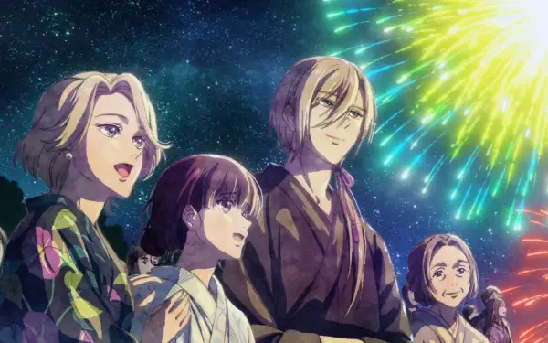 Anime HD PC desktop wallpaper background of My Happy Marriage: Miyo Saimori, Kiyoka Kudou and Hazuki Kudou watching fireworks under a starry night.