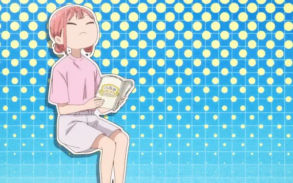 Anime-style HD PC wallpaper featuring Hina Chouno from Blue Box, sitting and reading a book against a vibrant blue background with yellow and white polka dots.