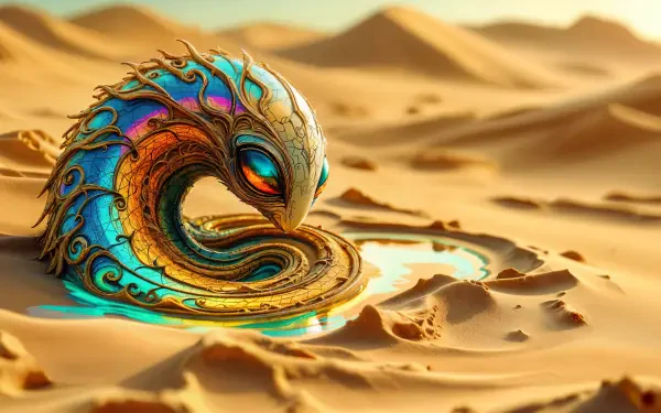 A vibrant alien creature with intricate designs rests in a sandy landscape, reflecting shimmering colors around a small pool of water, showcased in stunning 4K Ultra HD detail.