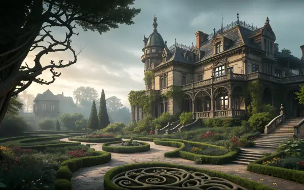 A stunning Victorian-era mansion surrounded by lush gardens and intricately designed pathways, captured in vibrant detail for a 4K Ultra HD desktop wallpaper.