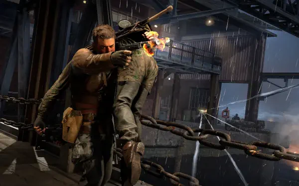 A thrilling scene from Sniper Elite: Resistance featuring a soldier in a tense moment while aiming a weapon against an enemy, set in a detailed 4K Ultra HD environment.