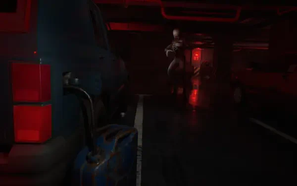 A suspenseful scene from the video game The Inn-Sanity, featuring a dimly lit parking garage and a mysterious figure emerging, set against a backdrop of red and shadowy tones.