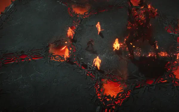 A dynamic scene from the video game Jotunnslayer: Hordes of Hel, showcasing a fiery battlefield with characters and vivid lava textures in 4K Ultra HD resolution.