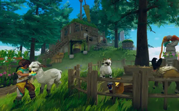A vibrant scene from the video game Aloft, featuring a character interacting with a goat and a variety of animals near a whimsical wooden house amidst lush greenery.