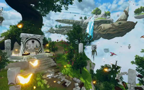 A vibrant 4K Ultra HD wallpaper featuring a stunning floating landscape from the video game Aloft, showcasing lush greenery, mystical structures, and a serene atmosphere.