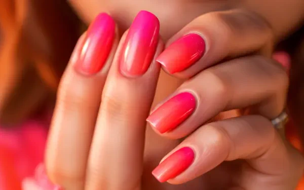 A close-up of beautifully manicured summer nails in vibrant pink shades, showcasing a stylish gradient. This 4K Ultra HD image serves as an eye-catching desktop wallpaper.