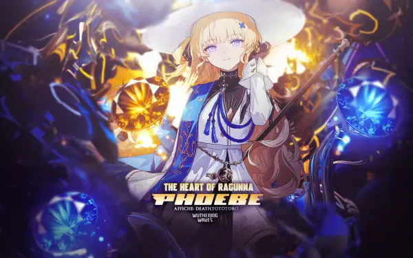 HD PC desktop wallpaper featuring Phoebe from Wuthering Waves, showcasing vibrant colors and dynamic lighting with fantasy-themed elements.