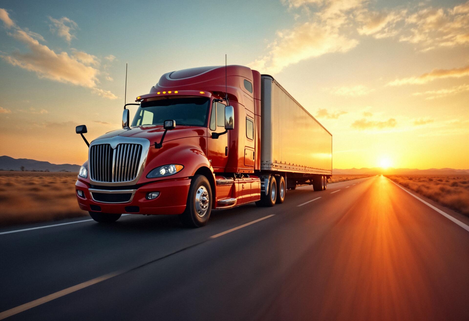 Red semi truck hauling a trailer down an open highway at sunset — 4K Ultra HD PC desktop wallpaper and background.