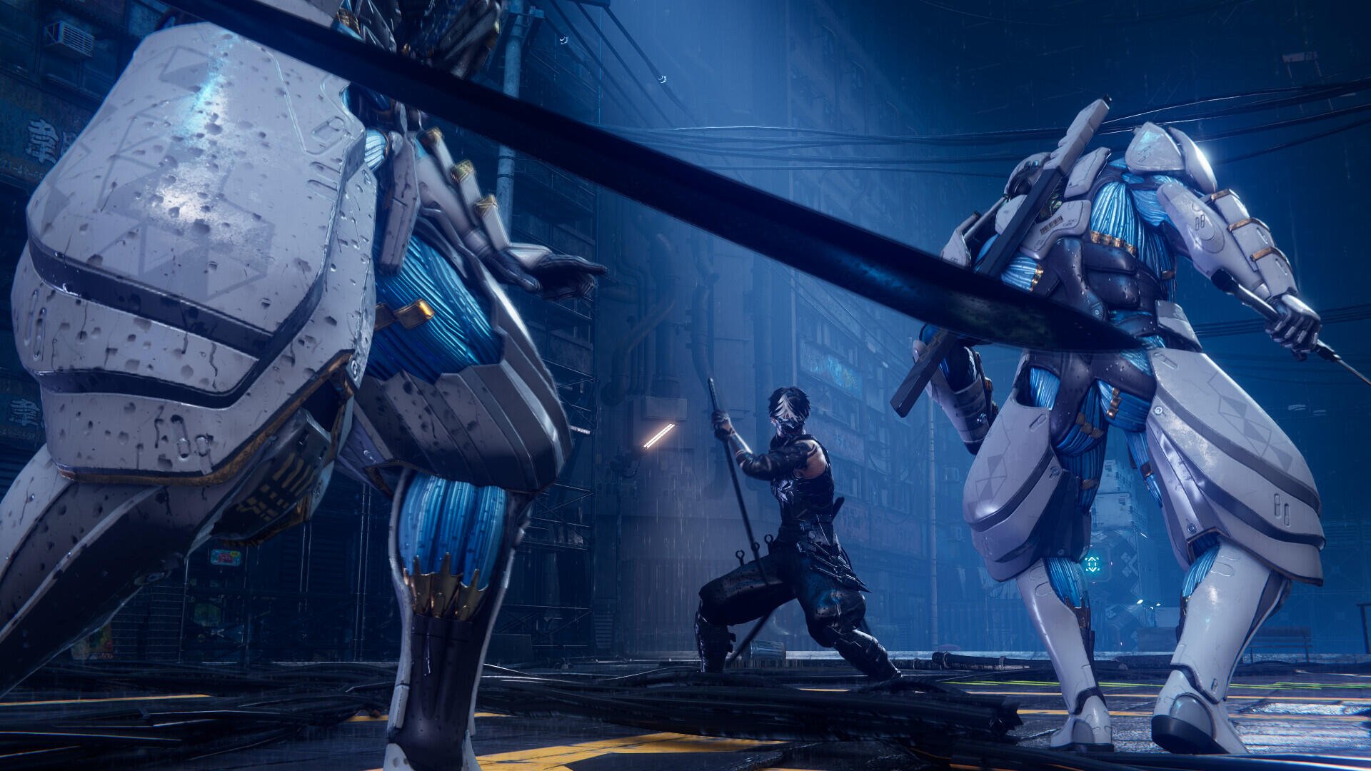 A dynamic scene from Ninja Gaiden 4, featuring a ninja in action against robotic foes, set in a futuristic environment with dramatic lighting. HD PC desktop wallpaper.