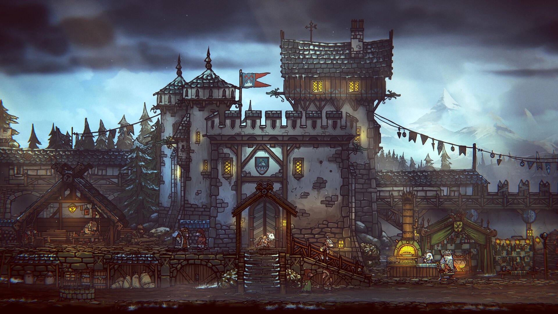 4K Ultra HD desktop wallpaper from the video game Tails of Iron 2: Whiskers of Winter, featuring a detailed, medieval-style castle at dusk.