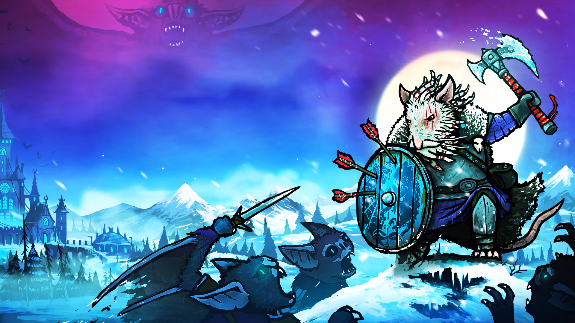 A stunning 4K Ultra HD background from Tails of Iron 2: Whiskers of Winter, featuring a fierce mouse warrior battling in a wintry landscape under a glowing moon.