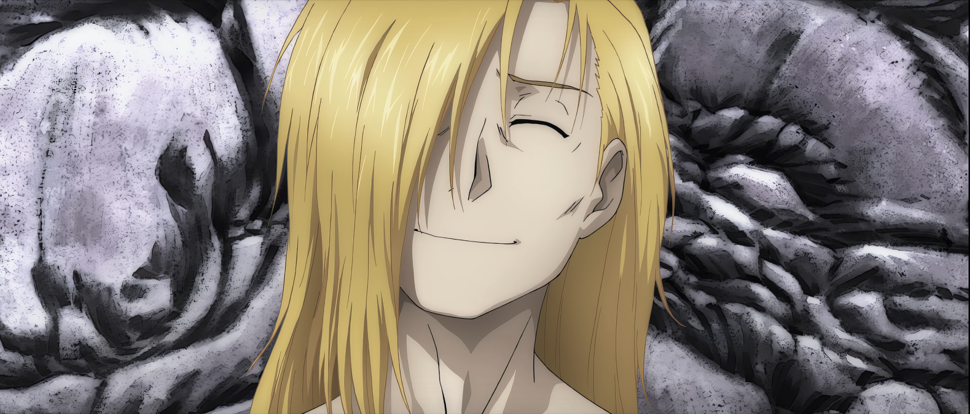 A vibrant HD wallpaper featuring Alphonse Elric from Fullmetal Alchemist, showcasing his cheerful expression against a textured, darker background.