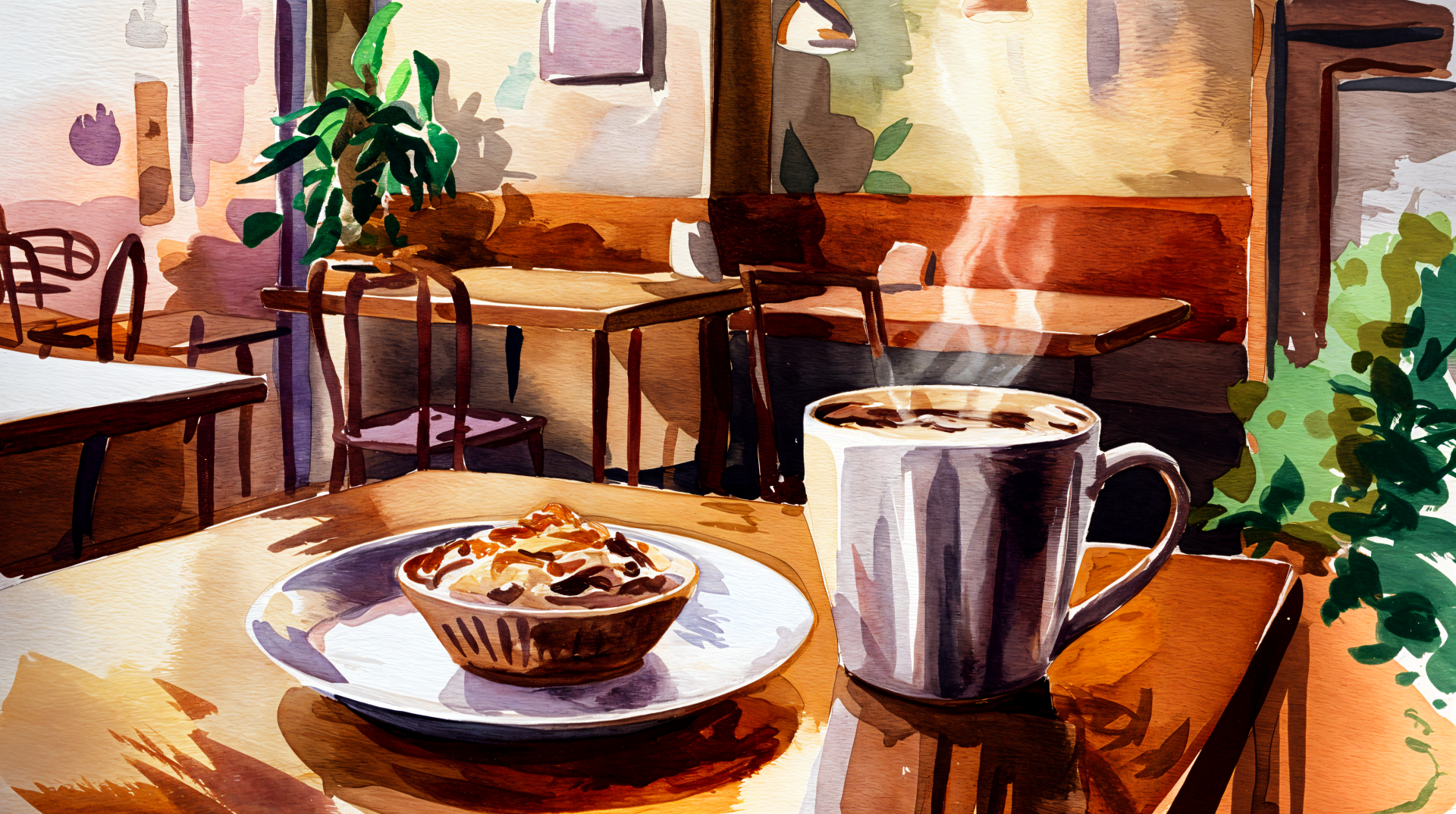 A cozy coffee scene featuring a steaming mug alongside a delicious pastry, set in a warm café atmosphere. This vibrant image serves as a 4K Ultra HD PC desktop wallpaper and background.