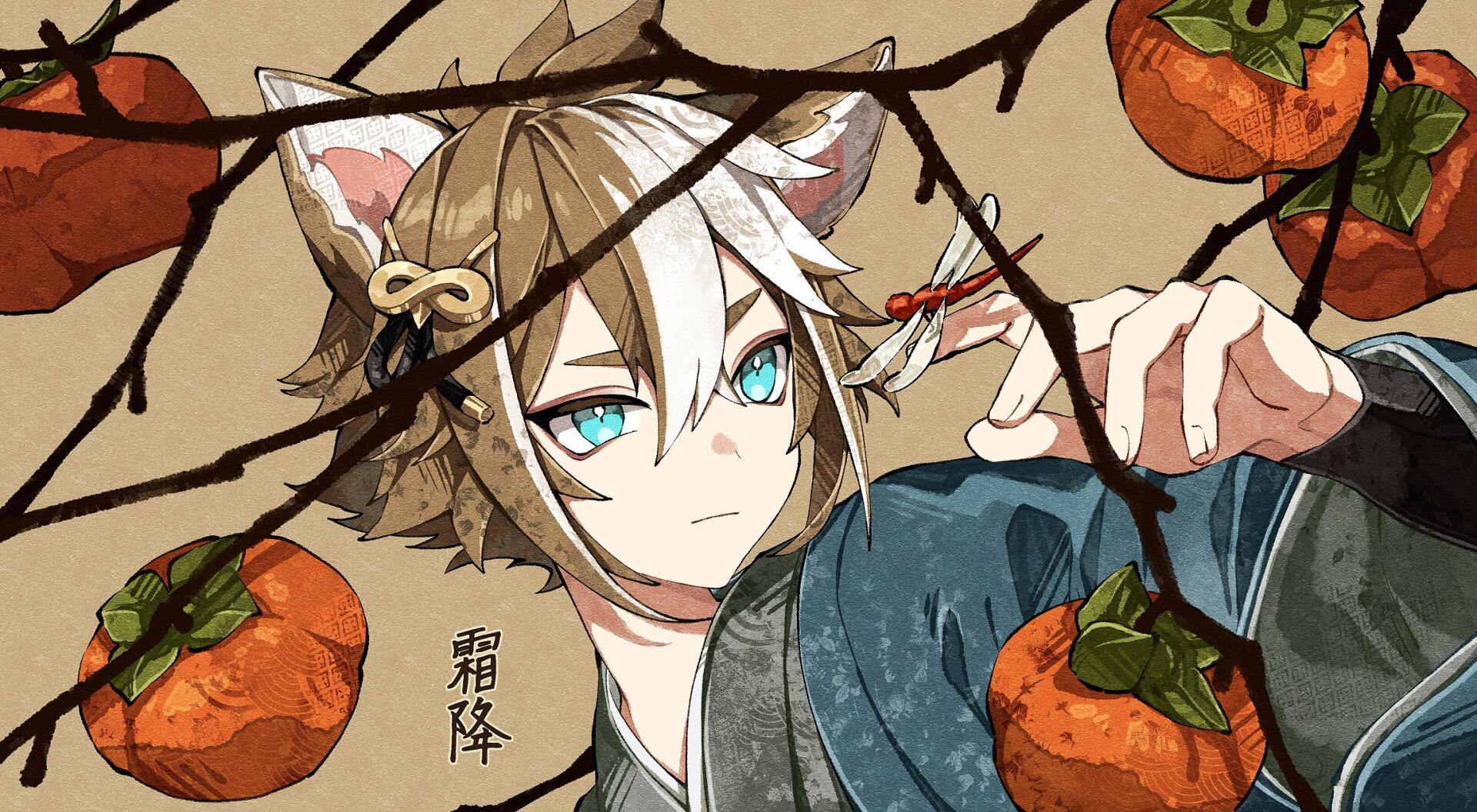 Genshin Impact video game character Gorou, a boy with canine ears and teal eyes, framed by persimmon branches and twigs — HD PC desktop wallpaper/background.