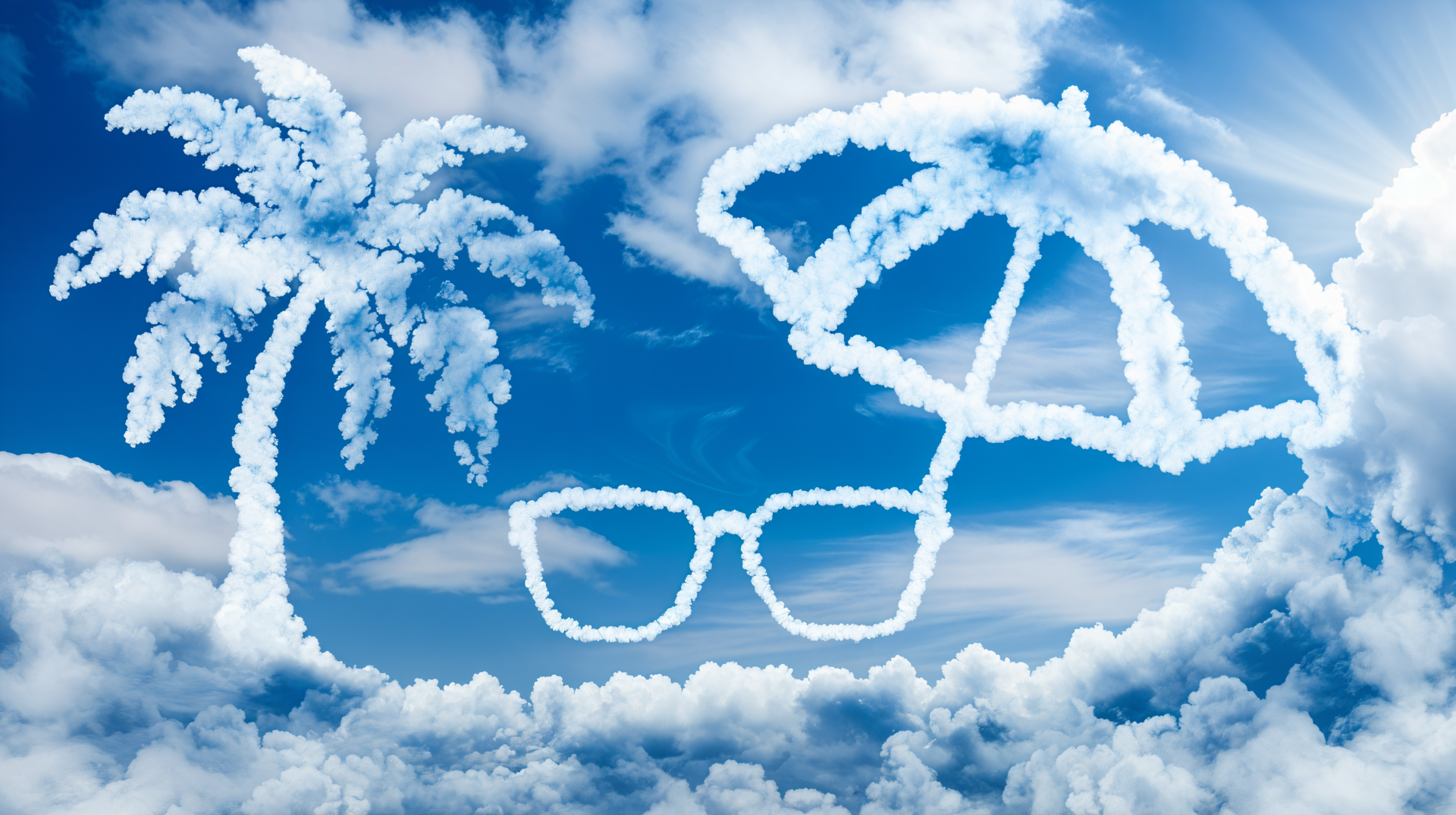 A vibrant summer vacation scene with fluffy clouds shaped like palm trees, sunglasses, and an umbrella against a bright blue sky, designed as a 4K Ultra HD desktop wallpaper.