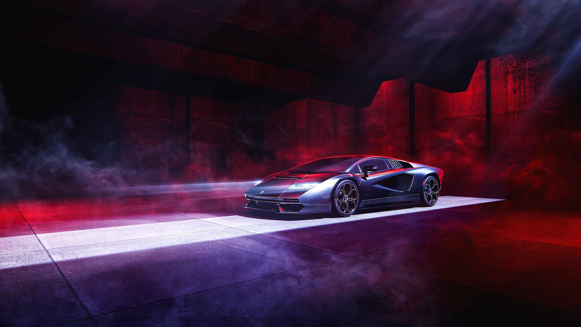 Sleek Lamborghini sports car on a white runway in a red-lit cavern, 4K Ultra HD PC desktop wallpaper and background.