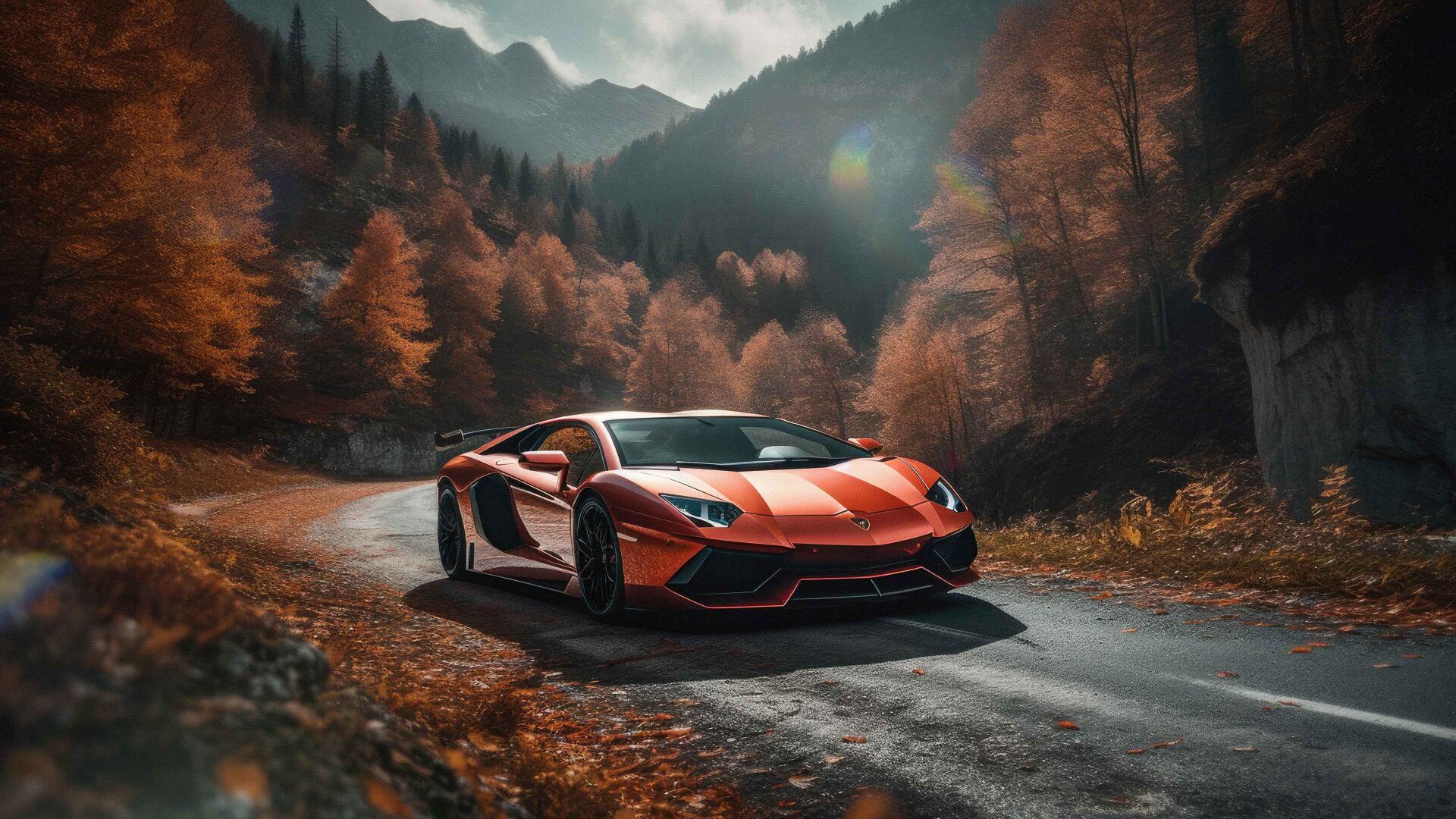 4K Ultra HD PC desktop wallpaper: orange Lamborghini sports car on a winding mountain road amid autumn forests beneath a dramatic sky.