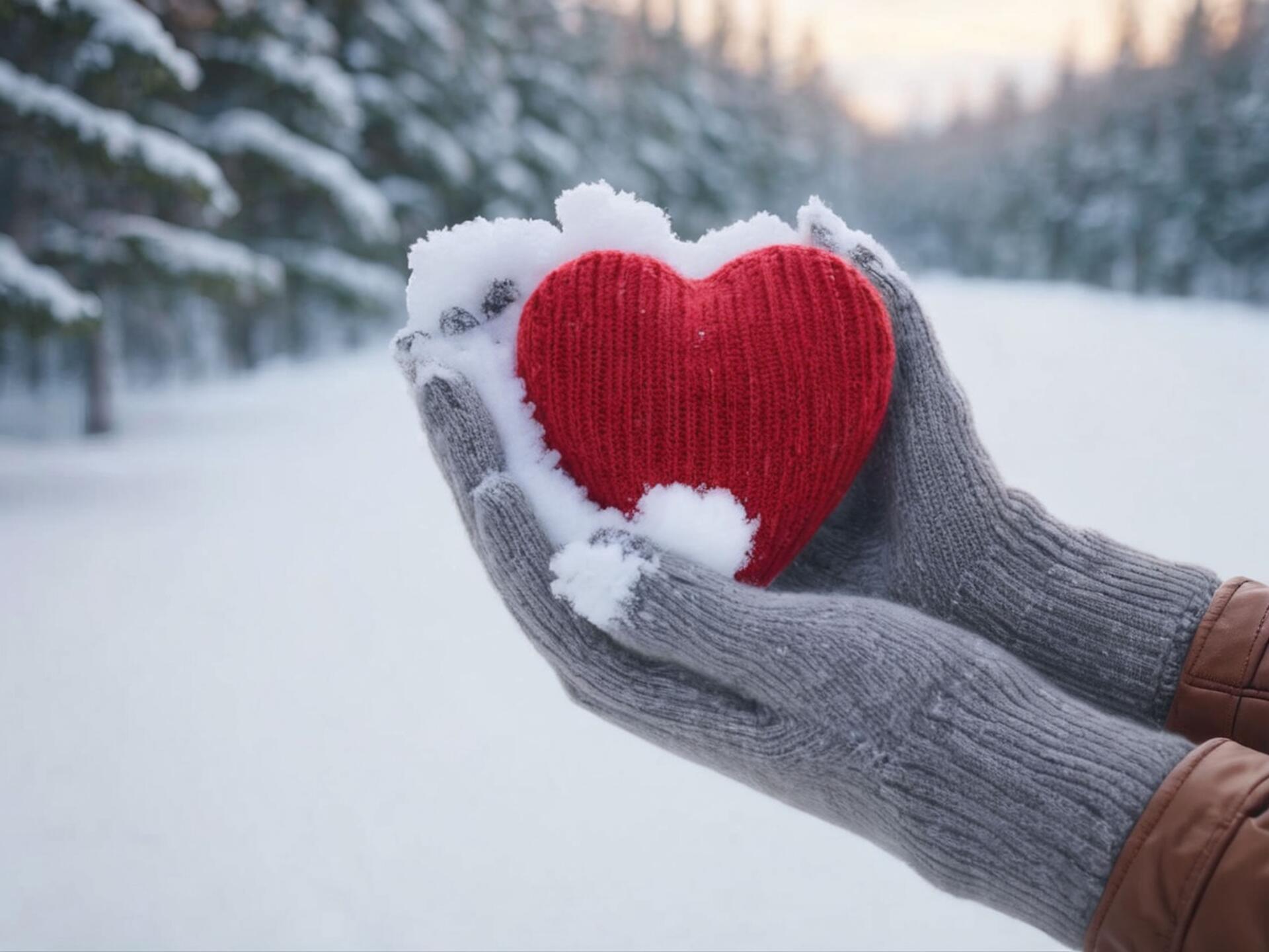 5K Ultra HD PC desktop wallpaper/background: gloved hands cradle a red knit heart dusted with snow against a snowy forest, conveying love and winter.