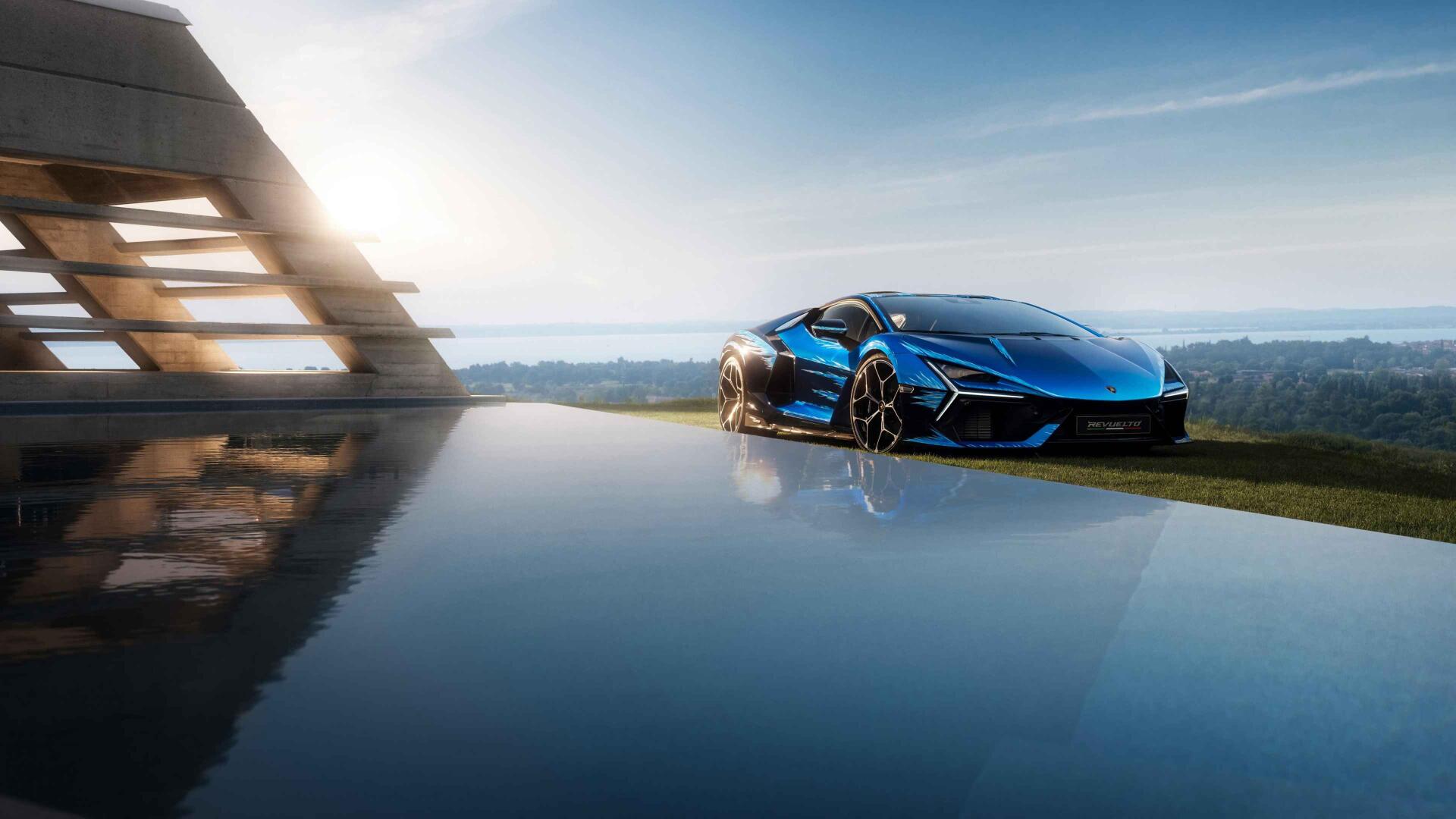 A sleek blue Lamborghini parked beside a modern pool with a scenic horizon, captured in stunning 4K Ultra HD for a PC desktop wallpaper backdrop.