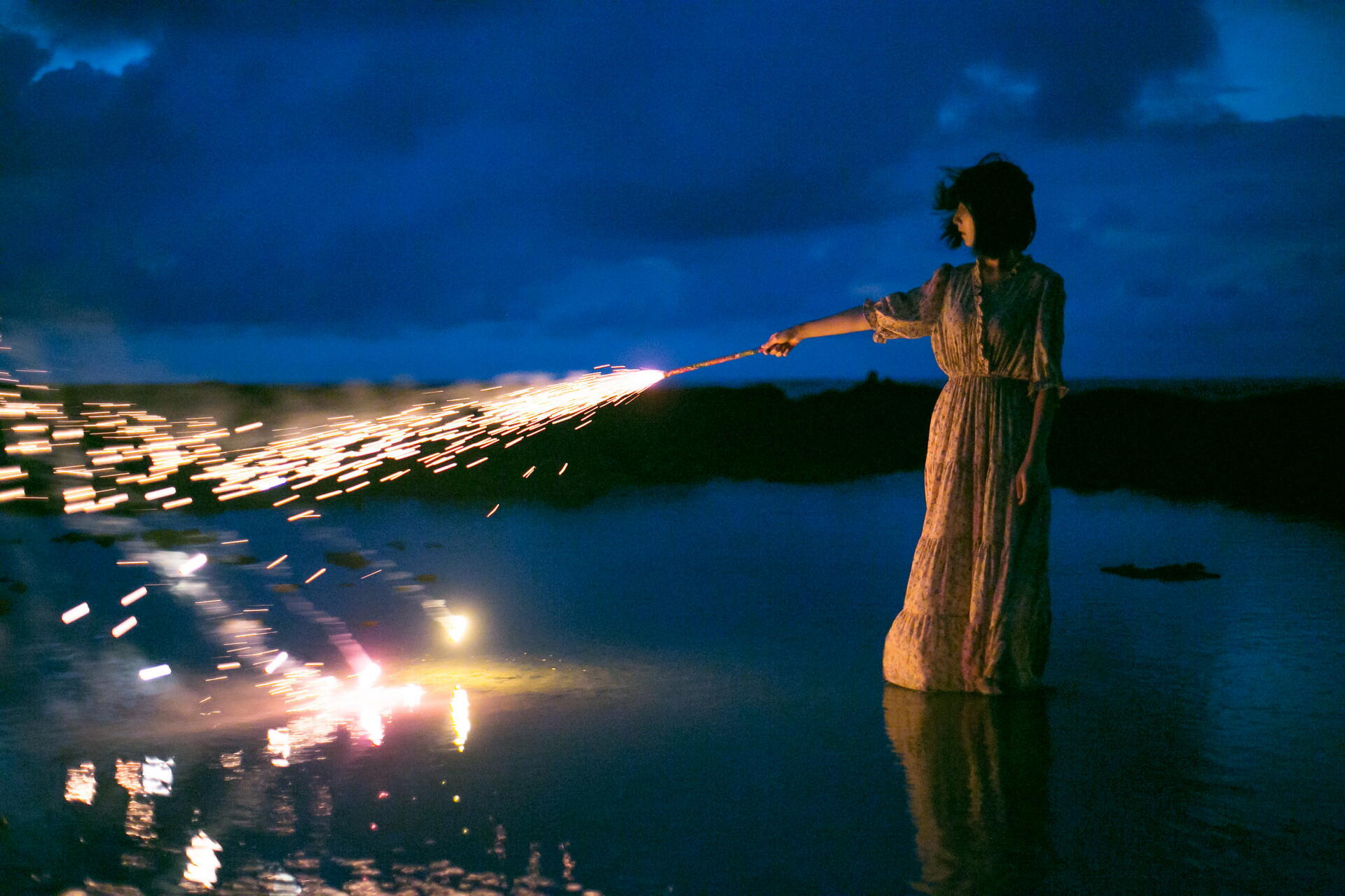 Download Fireworks Night Beach Woman 8k Ultra HD Wallpaper