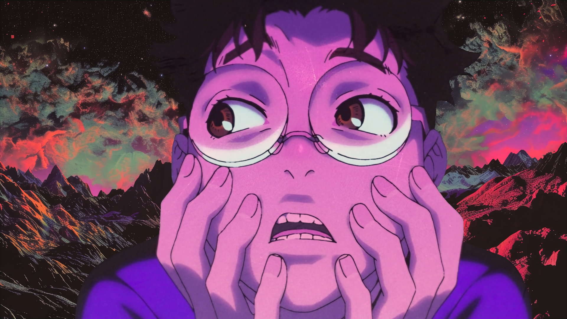 A vivid, dark anime scene featuring a character with glasses, expressing anxiety against a surreal, colorful background, embodying the style of Dandadan. 4K Ultra HD quality.